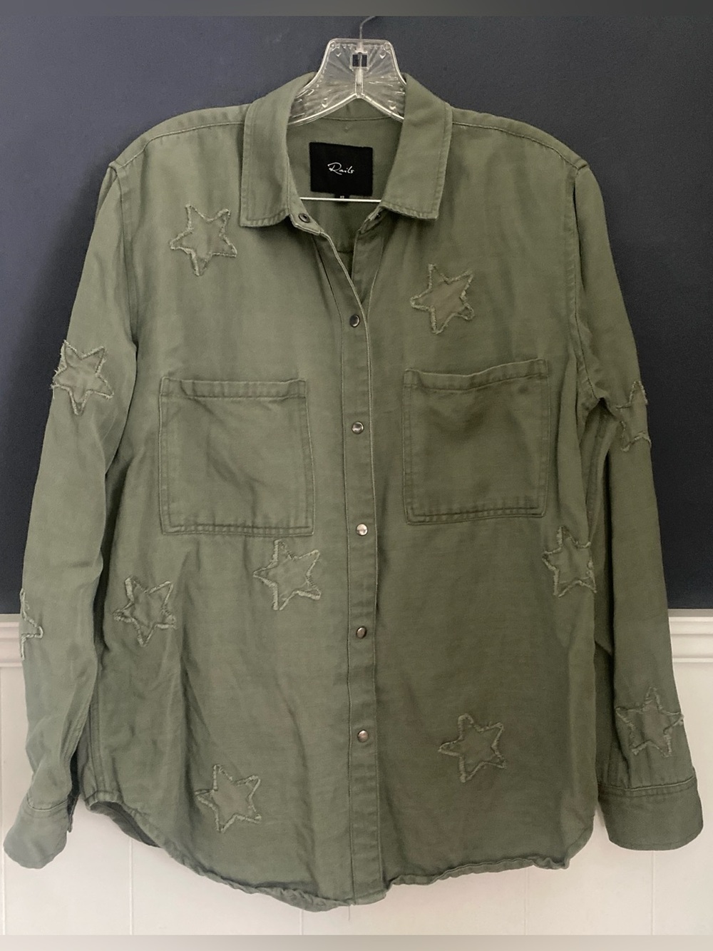 Rails Marcel Utility Shirt Jacket Sage Green Embroidered Stars Snap Front XS